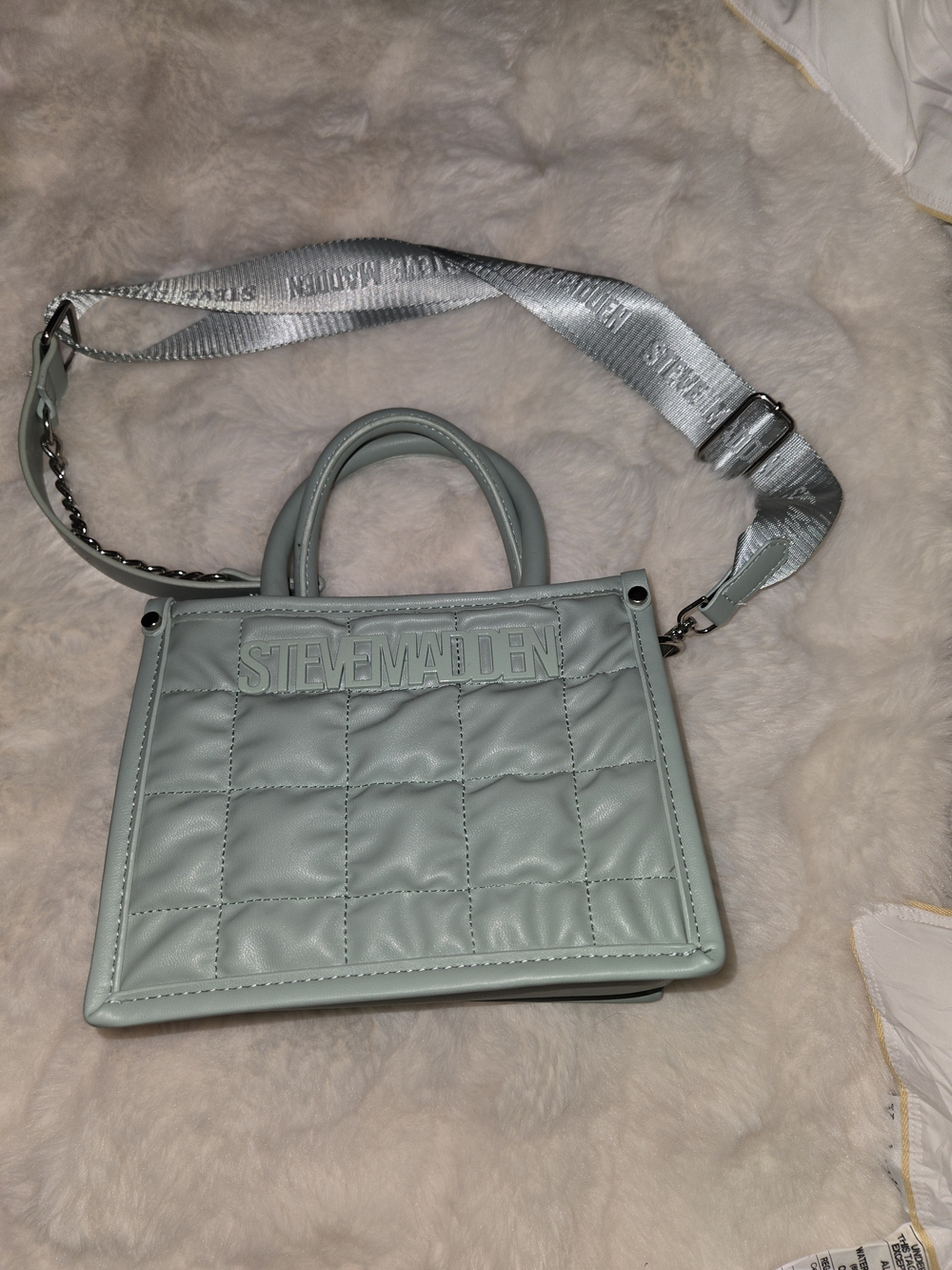Steve Madden Quilted Mini Satchel in Mint Blue with Branded Strap